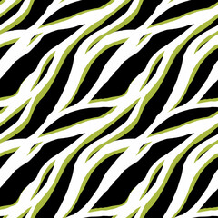 Abstract white green black stripes, lines seamless pattern. Animal skin repeat print. Zebra fur design for textile, fabric, wallpaper, wrapping paper, decoration.