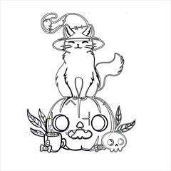 Halloween pumpkin ,Cute Halloween coloring page, Coloring book page for children, cute cat ,  Coloring book page for adults Halloween pumpkin, t shirt designs 