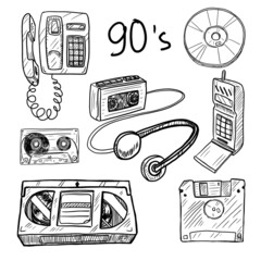 Set of things from the 90s vector illustration isolated on white background