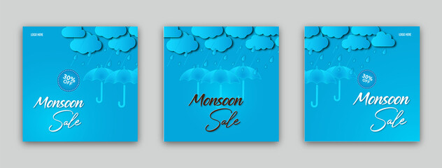 Monsoon sale banner template design with clouds and umbrella on blue background. Overcast sky with rain Vector illustration web banner, flyer, or poster for monsoon season banner seat of three