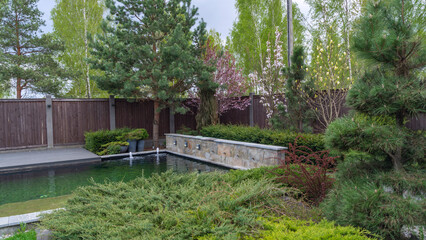 Pond in landscape design. Landscape design on backyard. View of small pond, trimmed bushes and small fountain.