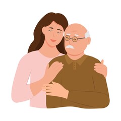 Happy Young woman hugging her old father with love. Father and daughter. Father's day .Portrait of young woman hugging her grandpa. Friendly family relationship. vector flat illustration
