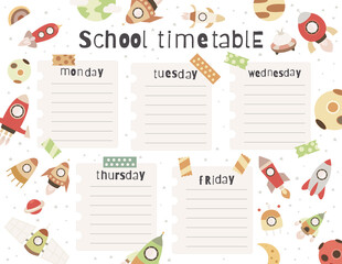 Space School Timetable, Lesson Schedule template. Vector illustration. Week Chart with Spaceship, UFO, Rockets, Planets on white background