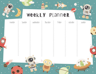 Space Weekly Planner with Astronauts, cute aliens, planets, rockets on space background. Kids schedule design template in cartoon style. Vector illustration.