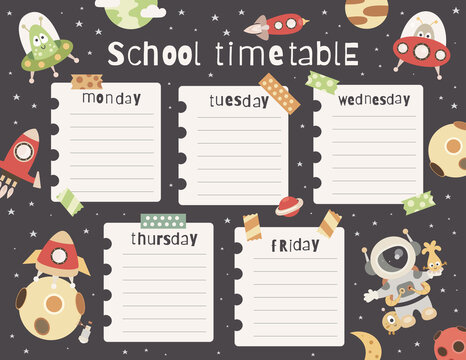 Space School Timetable, Lesson Schedule template. Vector illustration. Week  Chart with Astronauts, Aliens, UFO, Rockets on space background Stock  Vector | Adobe Stock
