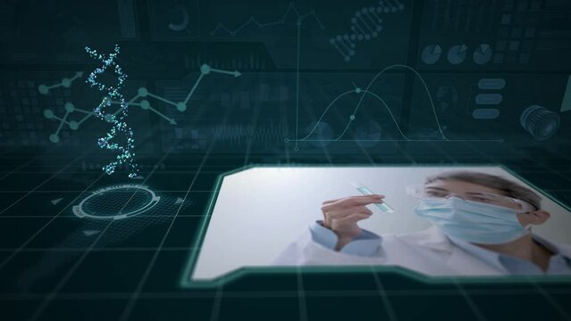 Video of woman scientist examining a test-tube inside a digital interface with DNA strand hologram and data processing. Futuristic genetic research concept. - Powered by Adobe