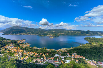 Fototapeta na wymiar Panoramic view of the lake Orta and the natural landscape of the hills surrounding Orta San Giulio, Italy.