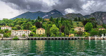 Fototapeta na wymiar Landscape of the town of Tremezzo in the Como lake, Italy.
