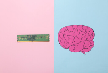 RAM microchip with brain on blue pink pastel background. Top view