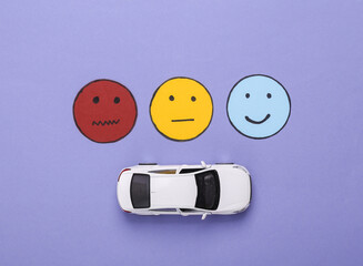 Logistics, taxi or car sharing service. Customer satisfaction survey concept. Toy car,  Happy,...
