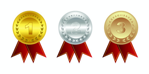 Golden, silver and bronze award medal signs with podiums laurel wreath isolated on red waving curtain background. Vector award design templates