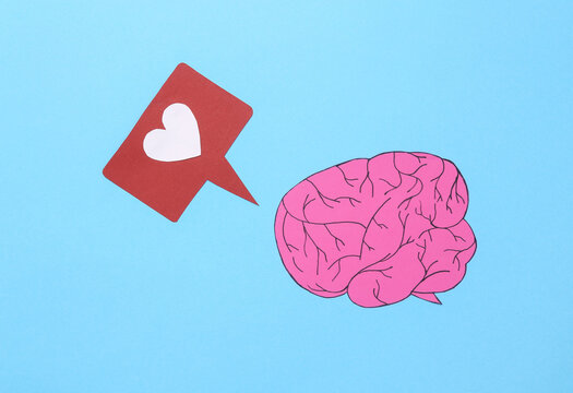 Paper brain with like icon on blue background. Social Media Addiction