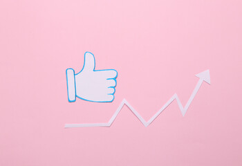 Statistics and analytics of subscriber activity Thumb up icon with growth arrow on a pink background
