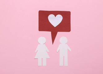 Love concept, dating site. Paper cut couple man and woman with like notification icon on pink background. Social media.