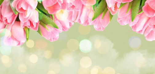 Beautiful pink spring tulips on light background, space for text. Banner design