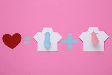LGBT gay relationships. Equation with two male origami shirt and heart on pink background