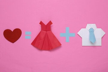 Love concept. Equation with mens origami shirt, womens dress and heart on pink background