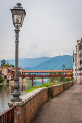 View of the Alpini Bridge with the Brenta River in Bassano del Grappa, Vicenza, Veneto, Italy,...