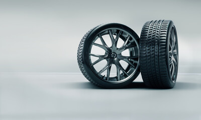 3d render of rubber tires on cast steel rims. Wheel sale concept. Auto repair shops.