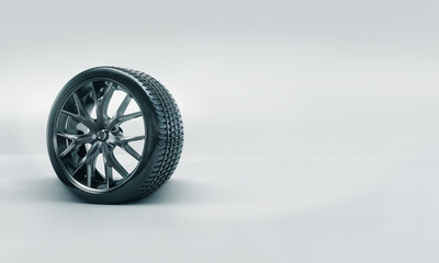 3d render of rubber tires on cast steel rims. Wheel sale concept. Auto repair shops.