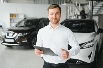 friendly vehicle salesman presenting new cars at showroom. Concept for car rental