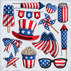 4th of July elements collection, Uncle Sam hat fireworks star and more independence day veterans day