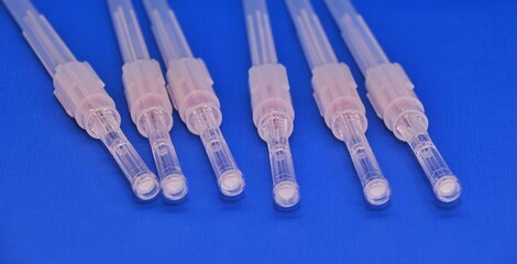 Long jelco needles used for puncturing arteries or veins secured with a cap. Image isolated on a...