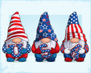 Cute gnomes in 4th of July disguise holding 3d USA alphabets celebrating American independence day