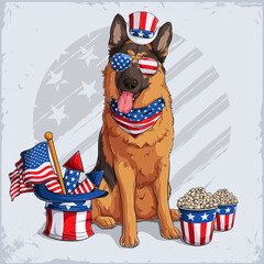 German Shepherd dog breed in 4th of July disguise wearing Uncle Sam hat with USA flag and fireworks