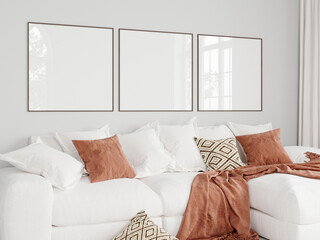 frame mockup, three square frames in modern living room interior, 3d render