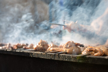 shish kebab is fried on the grill in the open air