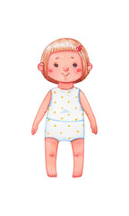 watercolor drawing of little girl paper doll isolated on white
