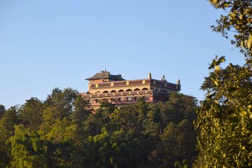 View to a monastery in a forest in Kathmandu, Nepal