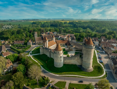 Aerial View Of Blandy Castle In Northern France Residence In Gothic Style, Hexagonal Enclosure, Made Of Sandstone And Gritstone. Keep With Three Points Of Entry