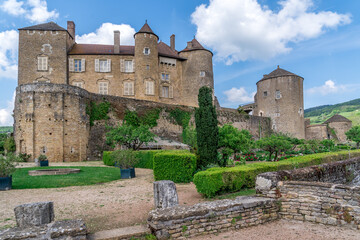 Fototapeta na wymiar French garden in the imposing castle of Berze Le Chatel in Burgundy with 14 towers and three enclosures in Central France