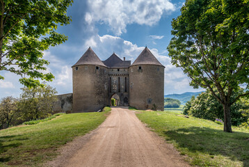 Fortified gate house in the imposing castle of Berze Le Chatel in Burgundy with 14 towers and three...