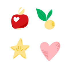 Vector set of elements with an apple, a heart, a smiling star in a cartoon style. Children's illustration with cute animals for postcards, posters, design, fabrics.