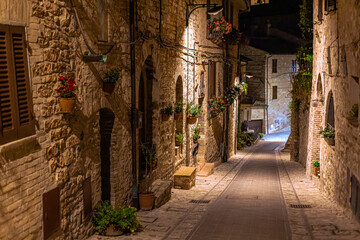 Night view of the medieval town of Spello in Umbria, Italy