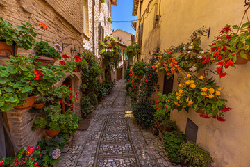 Fototapeta na wymiar Street view of the medieval town of Spello in Umbria, Italy