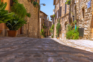 Street view of the medieval town of Spello in Umbria, Italy