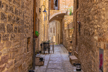 Street view of the medieval town of Spello in Umbria, Italy