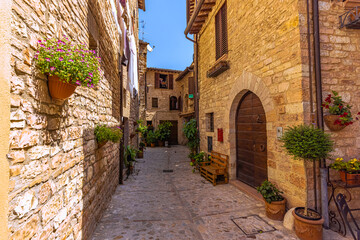 Street view of the medieval town of Spello in Umbria, Italy