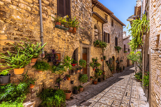 Street view of the medieval town of Spello in Umbria, Italy