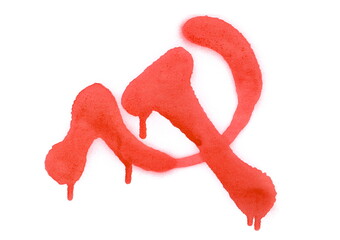 Red spray stain in shape sickle and hammer, symbol isolated on white