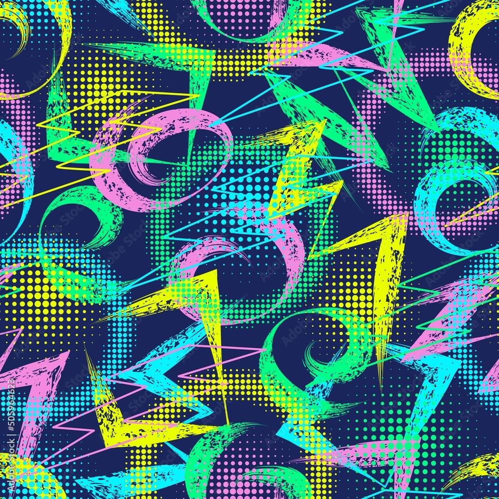 Poster abstract pattern with paint brush strokes, outline lightnings, halftone round shapes. multicolored s