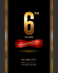 6 years anniversary celebration logotype with elegant gold color and ribbon for booklet, leaflet, magazine, brochure poster, banner, web, invitation or greeting card. Vector illustrations.