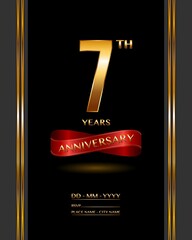 7 years anniversary celebration logotype with elegant gold color and ribbon for booklet, leaflet, magazine, brochure poster, banner, web, invitation or greeting card. Vector illustrations.