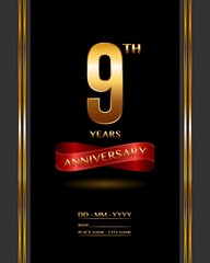 9 years anniversary celebration logotype with elegant gold color and ribbon for booklet, leaflet, magazine, brochure poster, banner, web, invitation or greeting card. Vector illustrations.