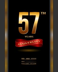 57 years anniversary celebration logotype with elegant gold color and ribbon for booklet, leaflet, magazine, brochure poster, banner, web, invitation or greeting card. Vector illustrations.
