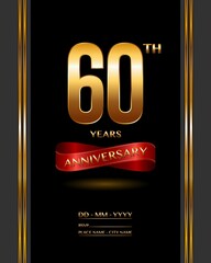 60 years anniversary celebration logotype with elegant gold color and ribbon for booklet, leaflet, magazine, brochure poster, banner, web, invitation or greeting card. Vector illustrations.